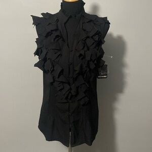 Dimri Women’s Black Sleeveless High Ruffle Collar V-Neck Blouse Sz L NWT